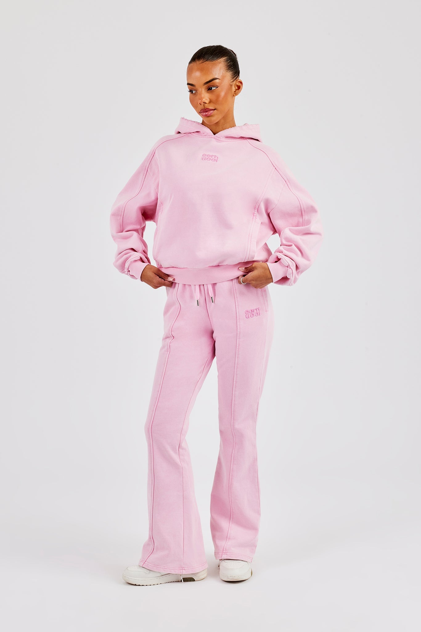 Raglan Washed Cropped Hoodie & Flare Trouser - Washed Pink